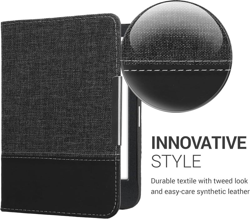 kwmobile Case Compatible with Kobo Clara BW/Colour - PU Leather and Canvas e-Reader Cover - Anthracite/Black - Image 2